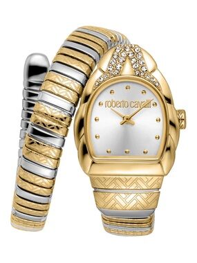 Roberto Cavalli Two-Tone Gold And Silver Crystal-Accented Snake Wrap Watch 24x30